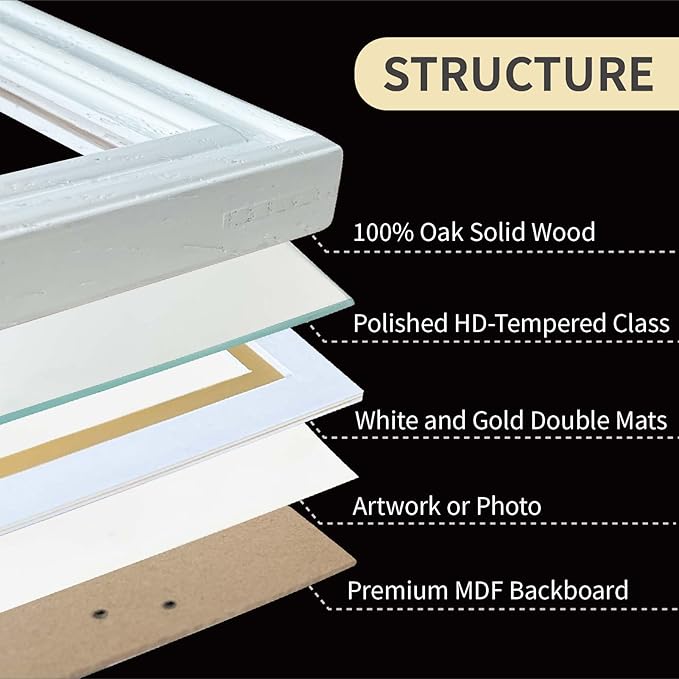11x14 Picture Frame for Wall Hanging Solid Oak Wood, 8x10 Picture Frame with Mat,11x14 Premium Photo Frame with Real HD Tempered Glass,Ideal for Home Decor, Art Gallery,White, 1 Pack