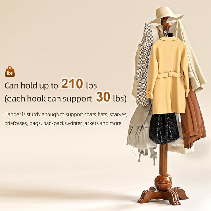 Hall Tree, Freestanding Wood Tree Rack with 7 Hooks, Coat Rack with Stable Sphere Base, Wooden Coat Rack Stand, Load 210 lb, Coat Hanger Stand for Entryway, Hallway, Bedroom, H:72 in, Walnut