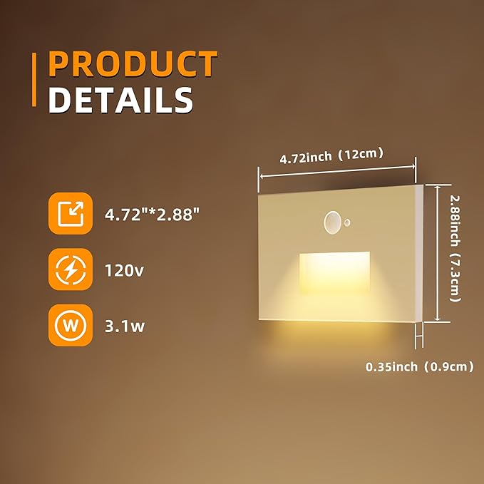 4 Pack Motion Sensor Stair Lights Indoor Outdoor,Dimmable Motion Activated Step Lamp 3000K/4000K/6000K,Hardwired 120V 3W IP65 Waterproof Outside Stairway Lights,Led Staircase Light- White
