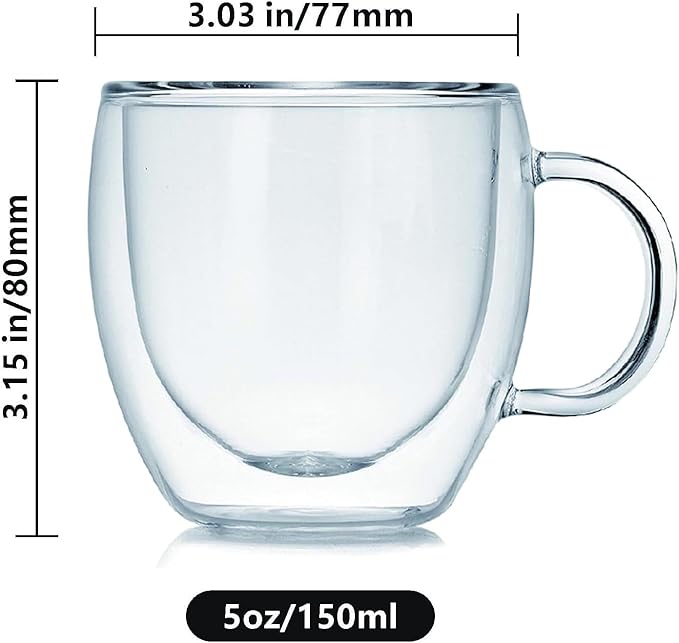 Espresso Cups Set Of 2, Double Walled Glass Coffee Mugs with Handle,Insulated Layer Coffee Cups,Clear Borosilicate Glass Mugs,Perfect for Cappuccino,Tea,Latte,Espresso (5oz-2Pack)