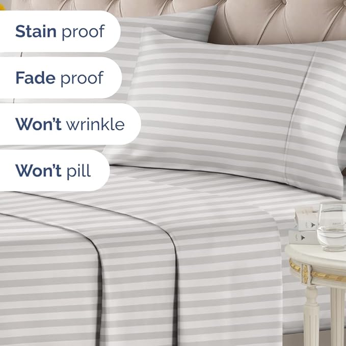 Grey Striped Sheets - 1 Flat & 1 Fitted Sheet & 2 Pillowcases w/ Deep Pockets - Comfy, Cozy, Wrinkle & Fade Resistant - Ultra-Soft, Breathable and Cooling - Luxury Pinstripe Bedding - Queen Size
