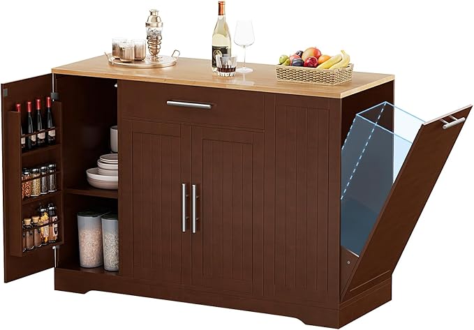 53" Long Kitchen Island with Trash Can Storage, Walnut Kitchen Cart with Garbage Bin 10 Gallon, Portable Island with Trash Can, Wood Top, Spice Rack and Drawers