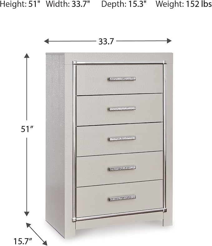 Signature Design by Ashley Zyniden Glam 5 Drawer Wide Chest with Safety Stop for Bedroom, Chrome