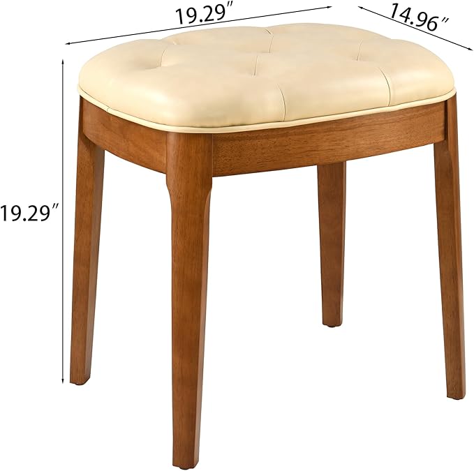 Solid Wood Button Tufted Vanity Stool, Ottoman Stool with Wood Legs & Padded Seat PU Leather Upholstered Piano Bench with Non-Slip Foot Pads Accent Chair for Bedroom Entryway, Beige