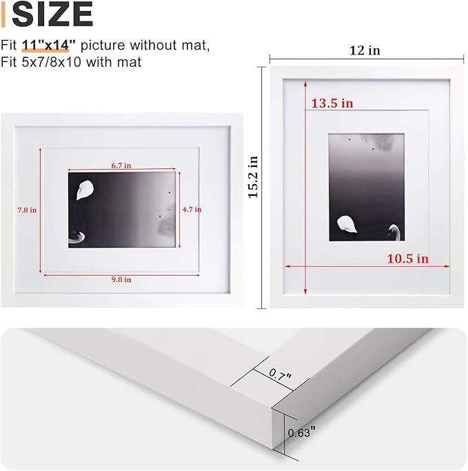 Egofine 11x14 Picture Frame White - Photo Frame Made of Solid Wood Covered by Plexiglass for Table Top Display Pictures 5x7/8x10 with Mat or 11x14 Without Mat - with Wall Mounting Hardware