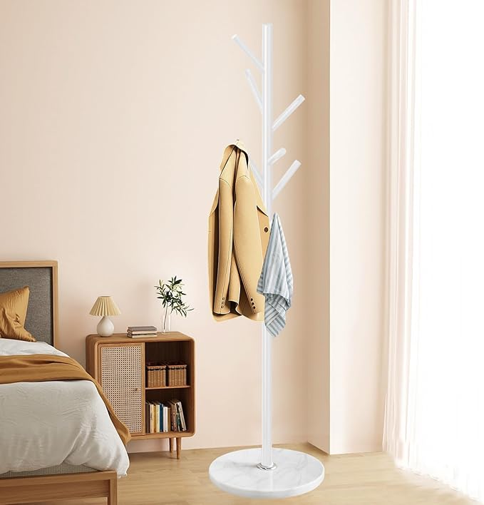Coat Rack with Natural Marble Base, Metal Coat Racks Freestanding, Modern Coat Rack Stand with 8 Hooks, White Coat Tree Hats Hanger for Entryway, Hallway