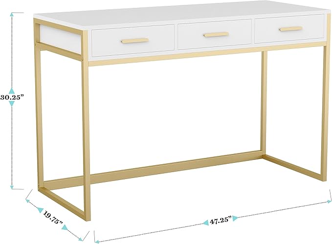 Martha Stewart Ollie Home Office Desk with 3 Drawers in White with Polished Brass Hardware