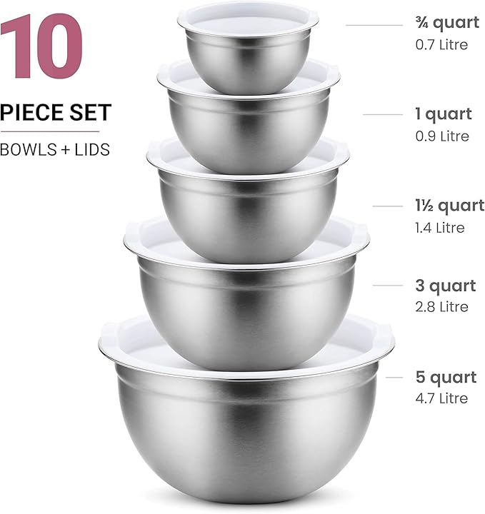Mixing Bowls Set of 5, Stainless Steel Salad Bowls with Lids, Nesting Metal Mixing Bowls for Baking, Cooking, Prepping & Food Storage