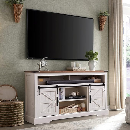 OKD Farmhouse Entertainment Center for 65+ Inch TV, 33" Tall Highboy TV Stand w/Sliding Barn Door, Rustic Wood Television Stand, Media Console w/Storage Shelves for Living Room, Antique White