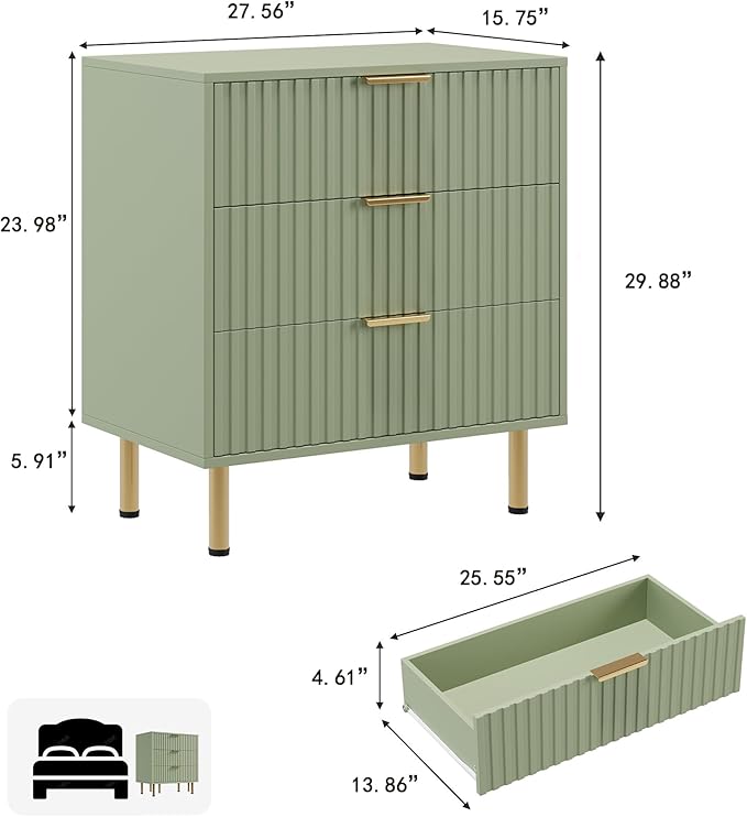 Green 3 Drawer Dresser for Bedroom, Fluted Modern Nightstand with Deep Drawers, Chest of Drawers with Wide Top, Wooden Dresser Organizer, Side Table for Living Room, Hallway, Kids Room