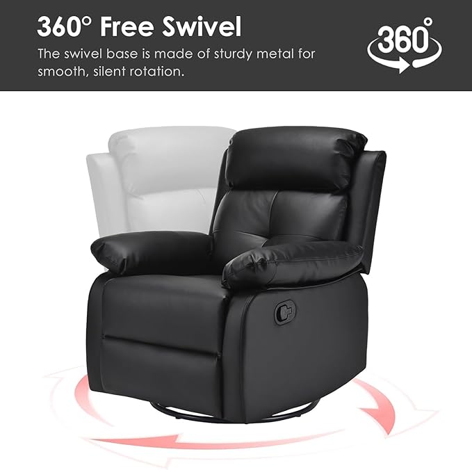Swivel Rocker Recliner with 360 Degree Swivel, Small Recliners with 30 Degree, 90-150 Degree Angle, Faux Leather Lift Chair for Home Theater Seating, Adults, Living Room, Bedroom, Black