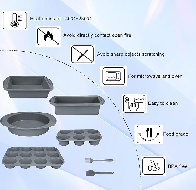 7in1 Silicone Bakeware Baking Set, Kitchen Bake Pans Molds Tray for Oven with BPA Free Round/Square Cake Pan, Loaf Pan, Muffin Pan for Bread Pizza Cheesecake Cupcake Pie Desserts