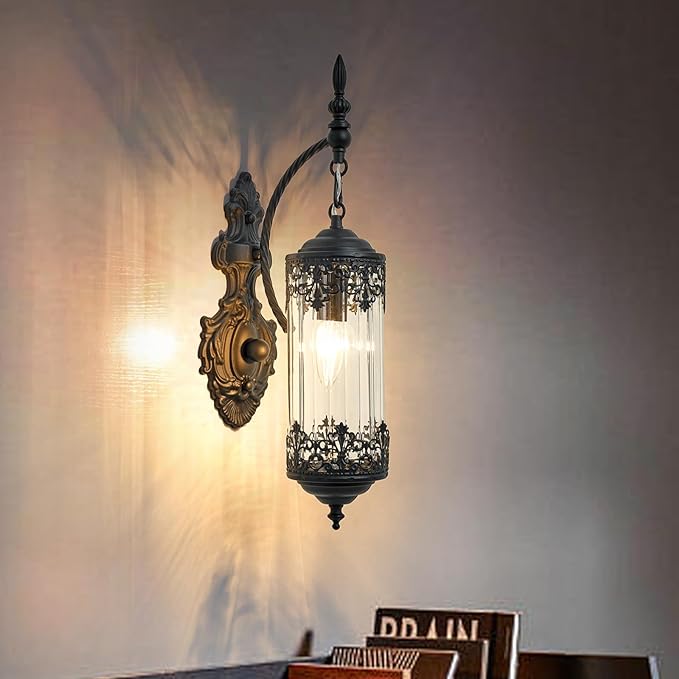 Rustic Glass Wall Sconce Mini Vintage Antique Gothic Wall Light Fixture Retro Farmhouse Mid Centry Lantern Wall Sconce for Bedroom, Hallway, Living Room, Mirror, Black, E12