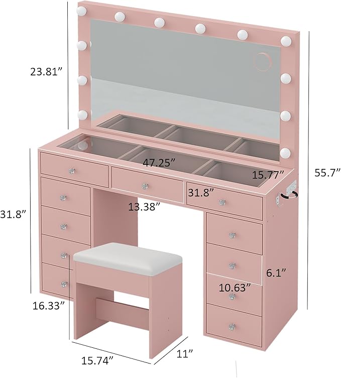 Vanity Desk with Mirror and Lights, Makeup Vanity Desk with Lights 3 Colors, LED Reinforced Glass Vanity, Makeup Vanity with 11 Storage Drawer, Dressing Table for Bedroom Dressing Room (Pink)