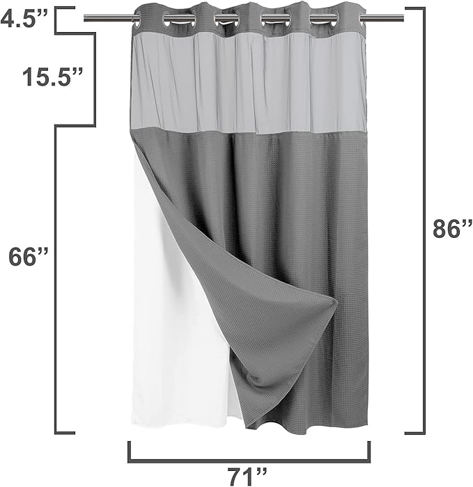 River Dream Heavyweight No Hooks Required Dotted Waffle Weave Shower Curtain with Snap in Liner -Extra Long 71W x 86H,Hotel Grade,Spa Like Bath Curtain,Gray