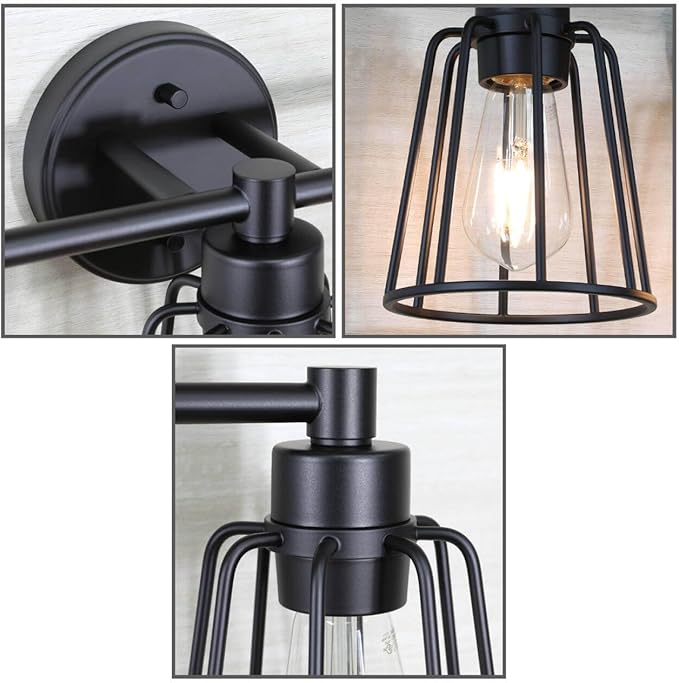 XiNBEi Lighting Farmhouse Bathroom Light Fixtures, 3 Light Bathroom Vanity Light, Industrial Metal Cage Sconces Wall Lighting in Matte Black Finish XB-W1287-3-MB