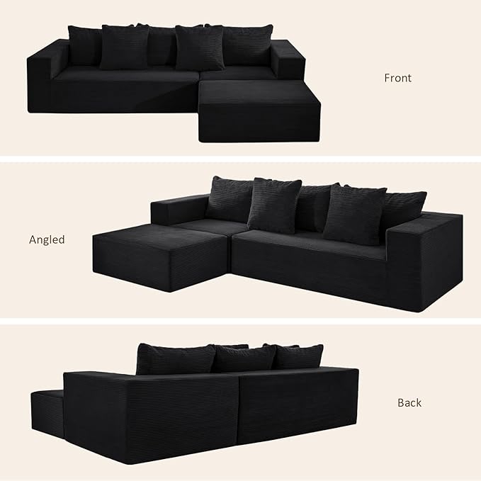 INGEROOM 108" Cloud Sectional Couch with L-Shape Chaise, Modular Sofa Memory Foam, Boneless Sofa with Movable Ottoman, Upholstered Couches for Living Room Bedroom, No Assembly Required, Black