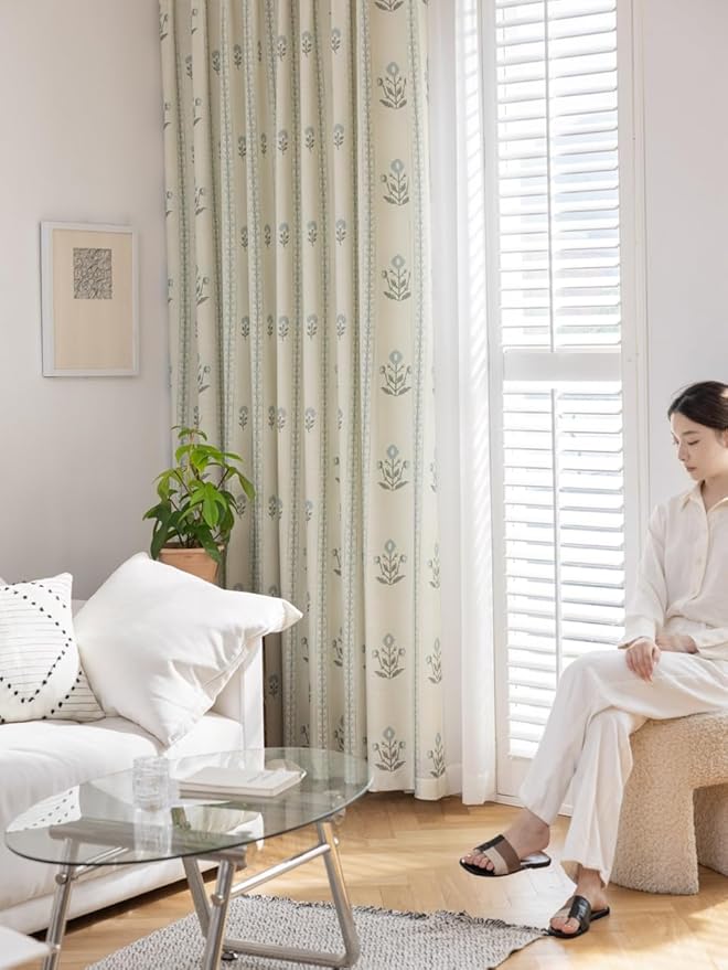 DrapePalette-Linen Blend Pinch Pleated Curtains for Living Room, Bedroom, Dining Room-Light Filtering Curtains 1 Panel - Floral Printed Design - Antique White, 52" W x 96" L