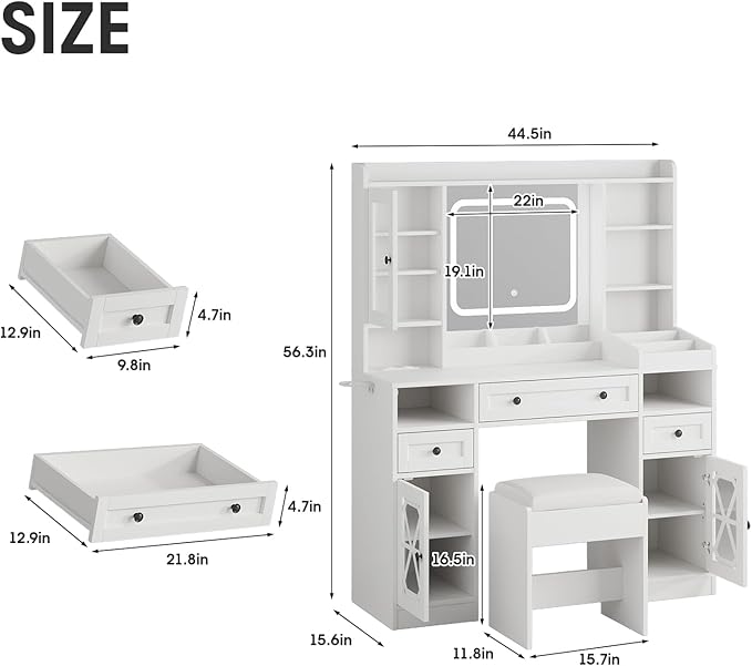 44.5" W Large Vanity Desk with Mirror,Cushioned Stool Makeup Vanity Table Set with Adjustable LED Lights and Power Outlet,Storage Drawers,Shelves for Bedroom Dressing Room White
