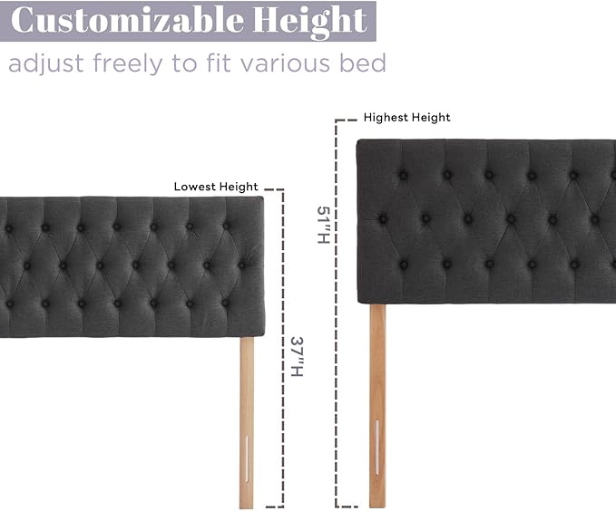 Kingfun Tufted Upholstered Queen Size Bed Headboard in Modern Button Design, Adjustable Solid Wood Head Board, Premium Linen Fabric Padded Headboards in Bedroom (Dark Grey)