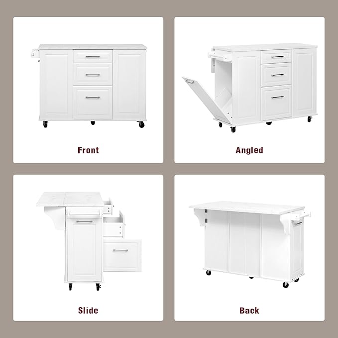 50.7" Mobile Kitchen Island with Storage Tilt Trash Can Cabinet and Pull Out Cabinet Organizer, Movable Rolling Island on 5 Wheels with Drop Leaf, 2 Drawers, 1Door for Kitchen, Dining Room (White)