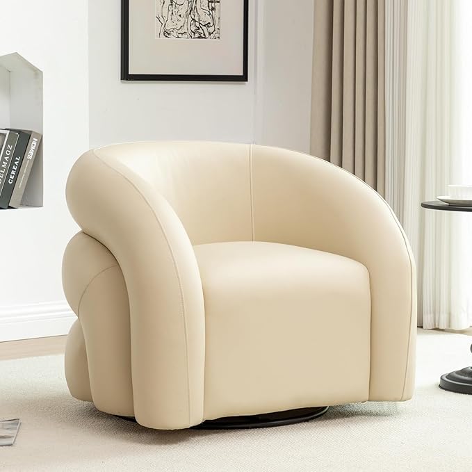 34.6" W Swivel Accent Chair, Modern Round Faux Leather Armchair for Living Room,Upholstered Comfy Sofa Chairs for Bedroom Reading Apartment Lounge,Fully Assembled(Dark Apricot)