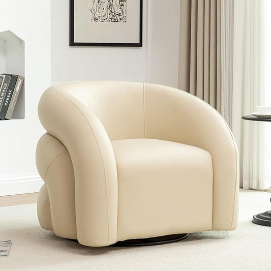 34.6" W Swivel Accent Chair, Modern Round Faux Leather Armchair for Living Room,Upholstered Comfy Sofa Chairs for Bedroom Reading Apartment Lounge,Fully Assembled(Dark Apricot)