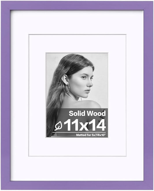 Egofine 11x14 Picture Frame Made of Solid Wood Covered by Plexiglass, Display Pictures 5x7/8x10 with Mat or 11x14 Without Mat for Table Top Display and Wall Mounting Photo Frame, Purple