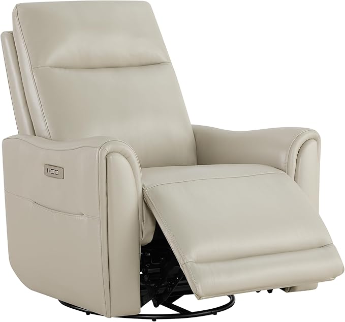 Watson & Whitely Genuine Leather Power Recliner Chairs for Adults, Swivel Glider Recliner Chair for Living Room with Charging Ports, Light Grey