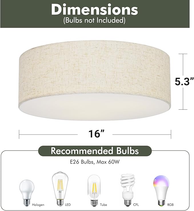 Flush Mount Ceiling Light,16''Modern Close to Ceiling Lamp with Double Linen Fabric Shade,3 Light Semi Flush Mount Ceiling Light Fixture,Farmhouse Drum Light Fixture for Bedroom Living Room