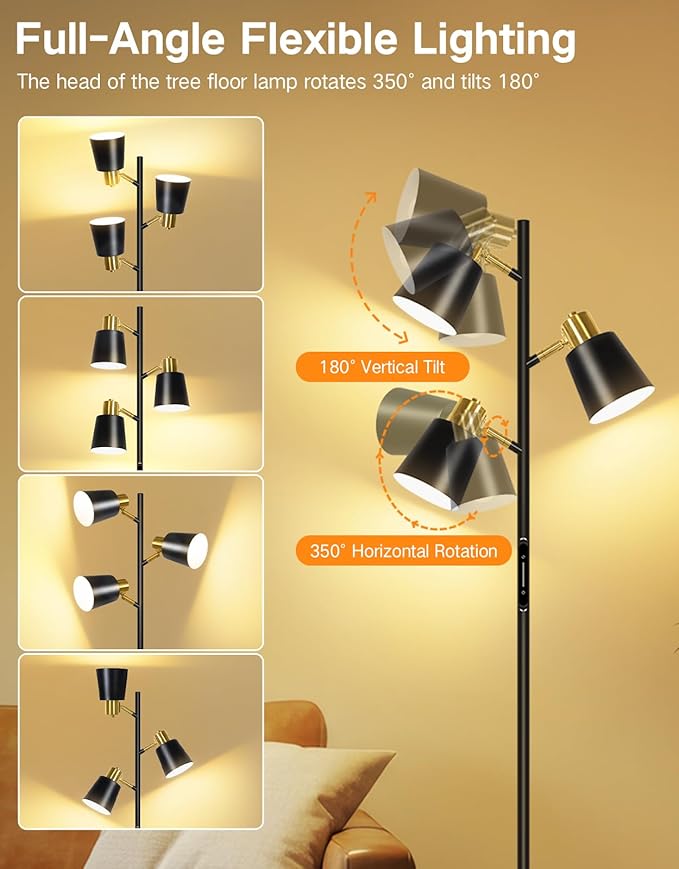 OUTON LED Tree Floor Lamp, Modern Dimmable Standing Lamp with Remote & Touch Control, 4 Color Temperatures, 3 Rotatable Lights Floor Lamps for Living Room, Bedroom, Office, Black & Gold