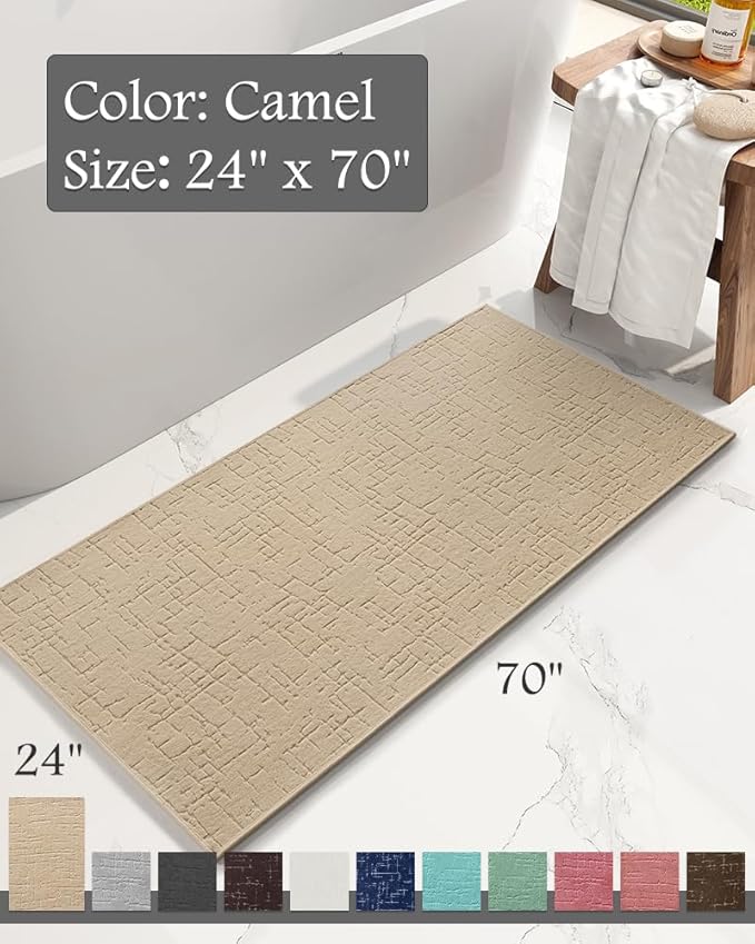 AMOAMI-Bath Mat-Absorbent Quick Dry Bathroom Floor Mats-Washable Rubber Backing Bath Mats for Bathroom Rugs Fit Under Door-Bath Rug for in Front of Sink Bathtub Shower Room, Camel 24''x70''