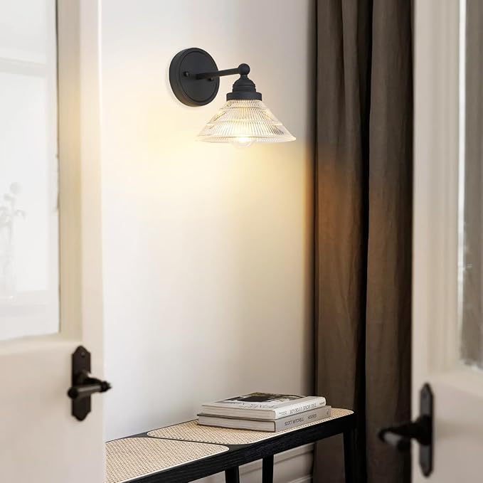 Vintage Wall Sconce 1-Light with Clear Ribbed Glass Shade, Industrial Hardwired Wall Light Fixture for Bedside Living Room Vanity Bathroom Hallway