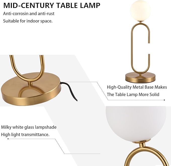 Mid Century C-Shape Table Lamp Gold 2-Light Globe Dimmable Table Lamp with Milk White Glass Gold Nightstand Lamp for Bedroom Bedside,G9 Bulb(Not Included)