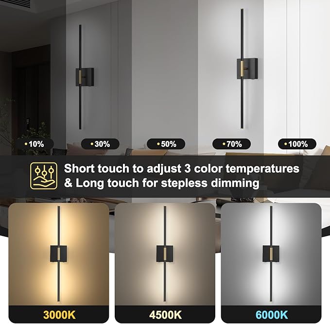 Battery Operated Wall Sconces Set of 2, Battery Wall Sconce with Remote Control, 350°Rotate, LED Rechargeable Sconces,3000K-6000K Wireless Wall Light for Bedroom, Living Room, Hallway (Black,32Inch)