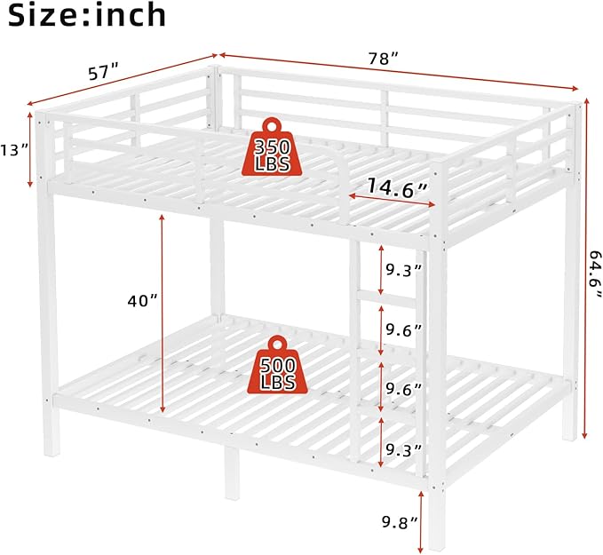 Full Over Full Bunk Bed Frame, Heavy Duty Metal Loft Bed for Adults/Teens, 350/500LB Capacity w/Ladder & Guardrail, Noise-Free Steel Slats, No Box Spring Required, White