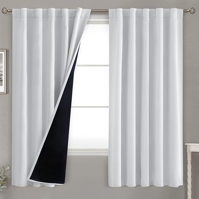 BGment Greyish White 100% Blackout Curtains 63 Inches Long with Noise-reducing Liner, Rod Pocket and Back Tab Double Layer Room Darkening Window Curtains for Bedroom, 2 Panels, Each 42 x 63 Inch