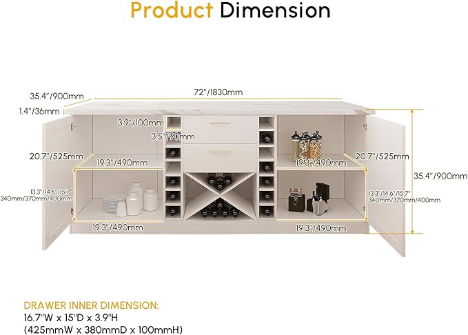 homary 72'' Kitchen Island with Seating Island Table with Wine Storage & 2 Drawers Marble Dining Table for 4 People