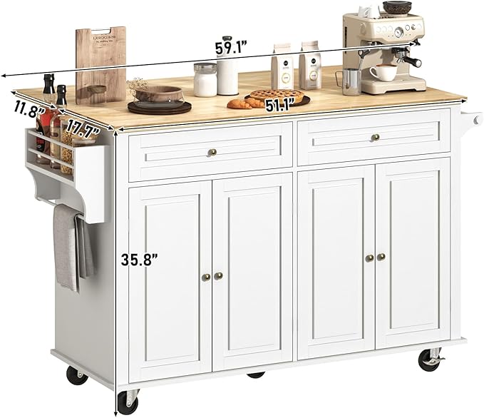 59" W Rolling Kitchen Island with Drop Leaf – Movable Kitchen Carts on Wheels Island with Storage Cabinet, Island Table for Kitchen with Rubber Wood Top and Rack and Drawers, Matte, White
