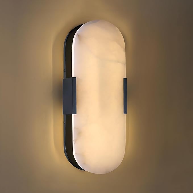 2 Light Natural Oval Alabaster Marble Bathroom 15 Inch Wall Sconce Modern Concise Style Wall Light Fixtures,Dark Gray Finish for Bedroom Hallway Bedside Living Room