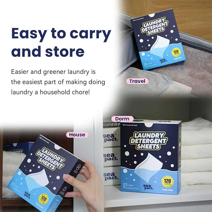 Laundry Detergent Sheets 120 Loads Unscented, Plastic Free, Washing Soap Sheets, Hypoallergenic, Fragrance Free, Space Saving - Eco Friendly for Dorm Apartment house Travel 60 sheets