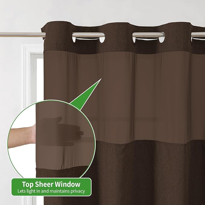 Long No Hooks Needed Linen Textured Shower Curtain with Snap-in Fabric Liner Set,Hotel Luxury Decor Shower Curtains for Bathroom,Waterproof & Washable,71Wx80H,Brown
