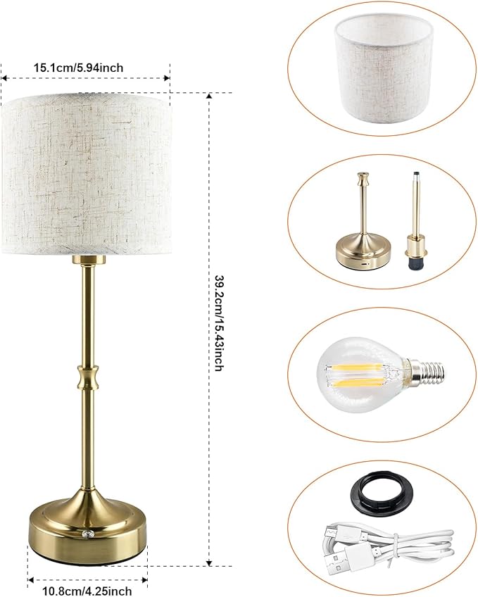 Cordless Table Lamp,5200mAh Rechargeable Battery Powered Table Lamps,3-Level Brightness Dimmable, Mid Century Lamp ,Bedside Night Lamp, Vintage Metal Lamp for Kitchen/Dinner/Patio/Restauran(Gold)