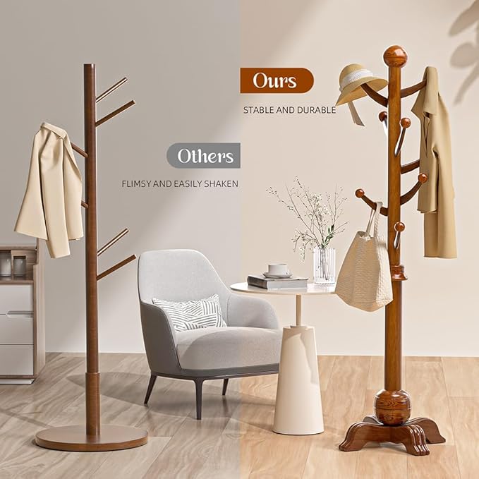 Hall Tree, Freestanding Wood Tree Rack with 7 Hooks, Coat Rack with Stable Sphere Base, Wooden Coat Rack Stand, Load 210 lb, Coat Hanger Stand for Entryway, Hallway, Bedroom, H:72 in, Walnut