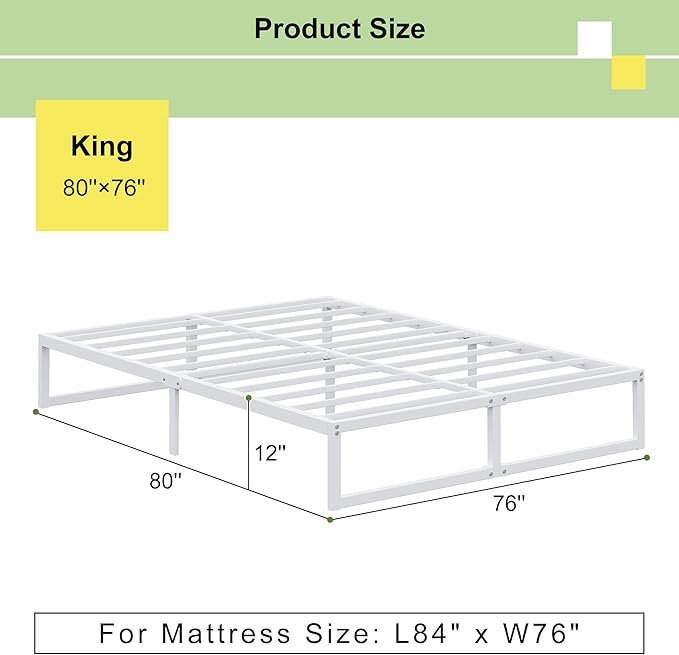 EMODA 12 Inch King Bed Frame, Metal Platform White Bed Frame King No Box Spring Needed, Heavy Duty Steel Slats Support, Easy Assembly, Noise Free