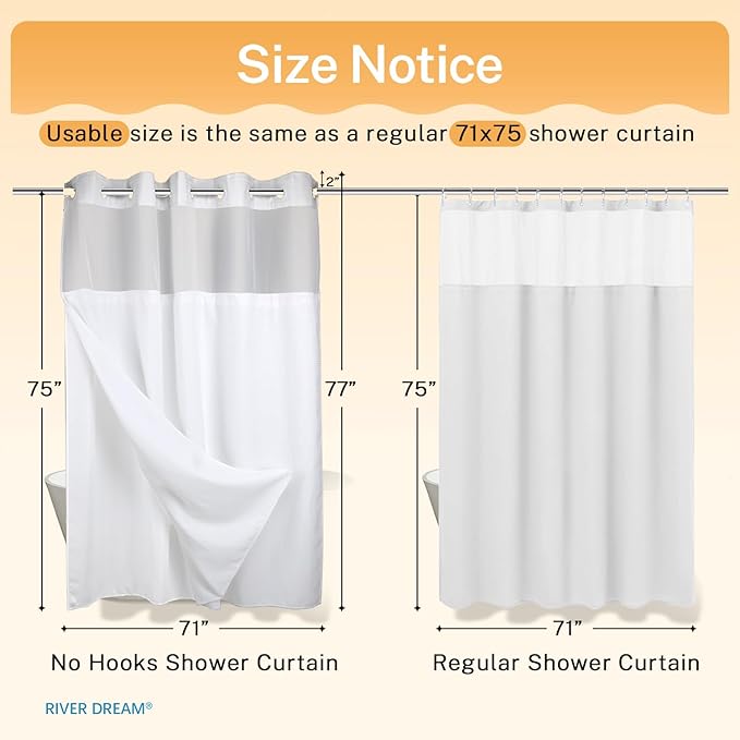 River Dream Heavyweight No Hooks Required Dotted Waffle Weave Shower Curtain with Snap in Liner - 71W x 77H,Hotel Grade,Spa Like Bath Curtain,White