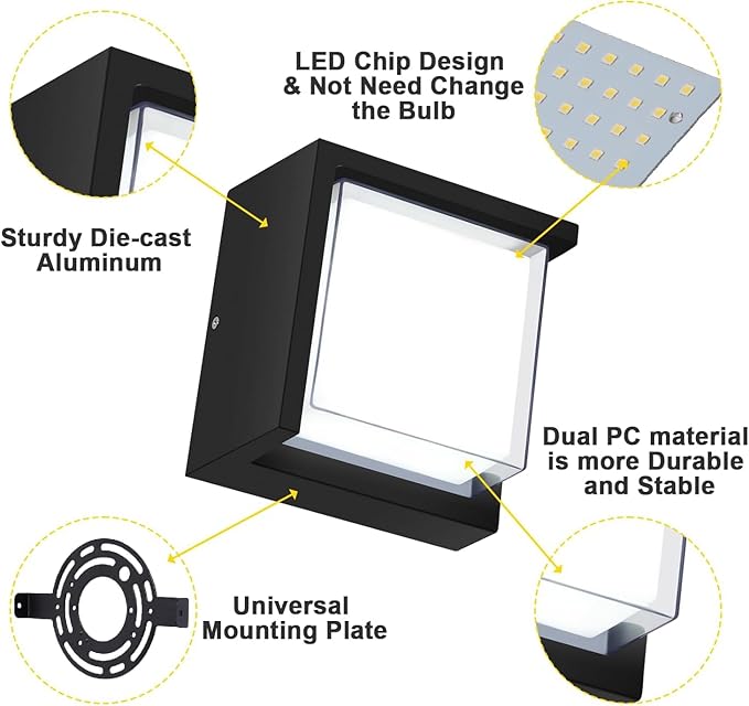 Outdoor Wall Light, 6000K Daylight Small Anti Rust Exterior Wall Lighting Fixtures, Black Square Wall Mount 12W LED Porch Lights for House with Waterproof for Front Porch, Garage, Patio