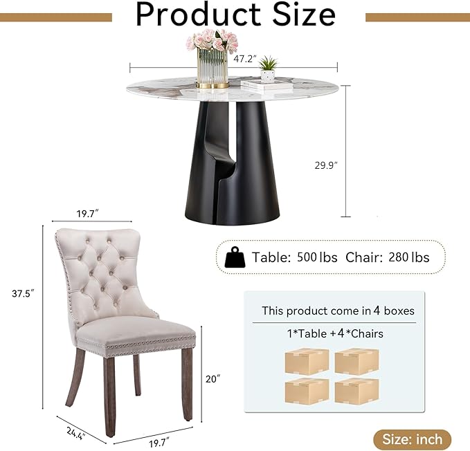 5-Piece Faux Marble Round Dining Table Set for 4, Modern Luxury Kitchen Table Set for 4 with Beige Tufted Chairs,Circle Dining Tables with Pandora Grain Top and Black Pedestal Base