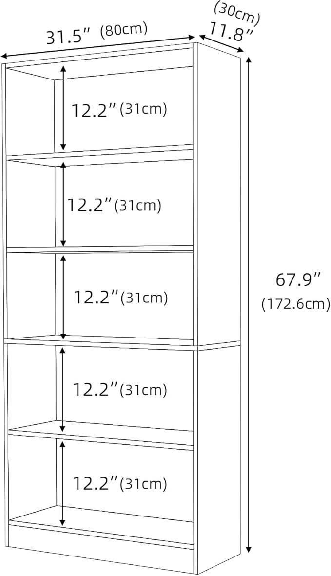 5 Shelf Wood Bookcase Freestanding Bookshelf for Home Office Library Small Narrow Space(11.8" D x 31.5" W x 67.9" H,Brown,5-Layers)