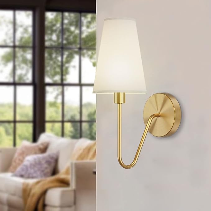 Electro bp;Single Head Classic 1 Light Wall Sconce Lighting Fixture Gold with Cream White Linen Fabric Lamp Shades E12 40W Hardwired (Set of 2);